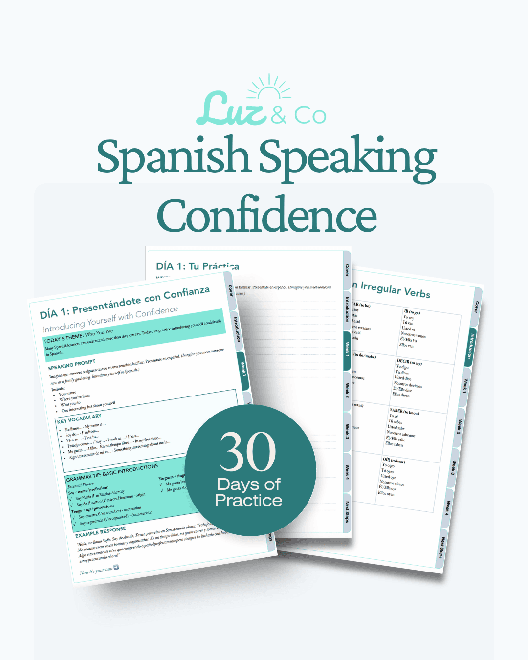 Three pages from the Spanish Speaking Confidence journal with a 30 Days of Practice badge