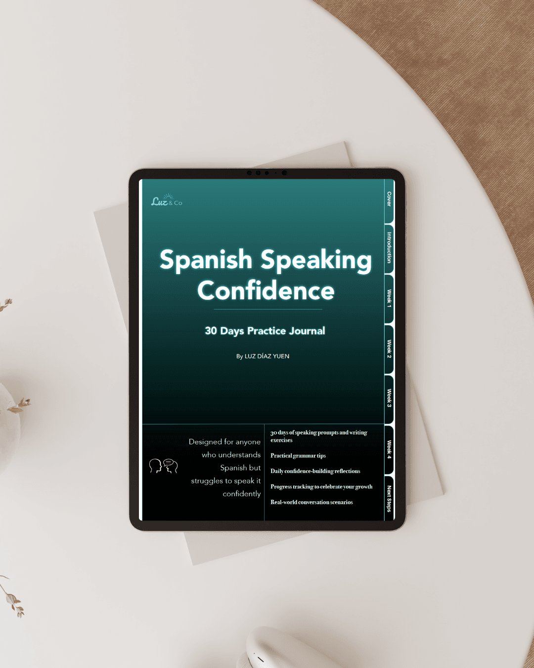 Spanish Speaking Confidence — 30 Days Practice Journal on a tablet