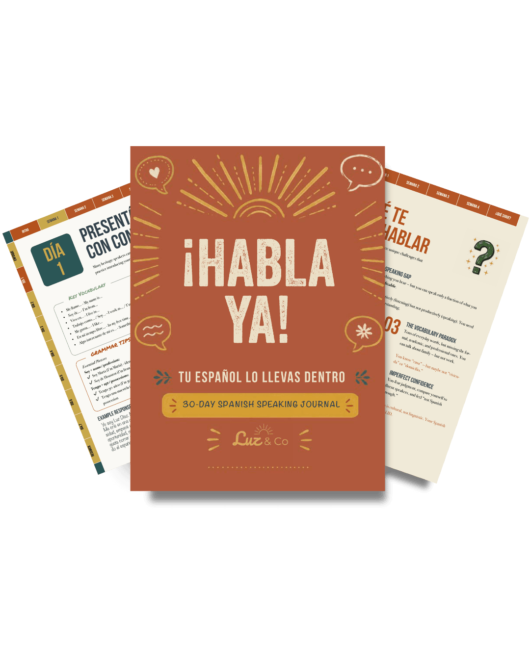 The ¡Habla Ya! 30-day Spanish speaking journal — cover and interior pages